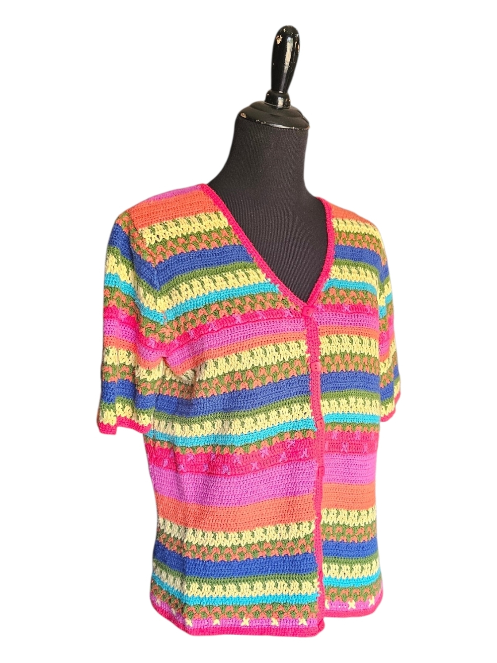 Casual Corner Annex Crochet Cardigan XL Colorful Striped Boho Knit Button Front - Picture 5 of 11